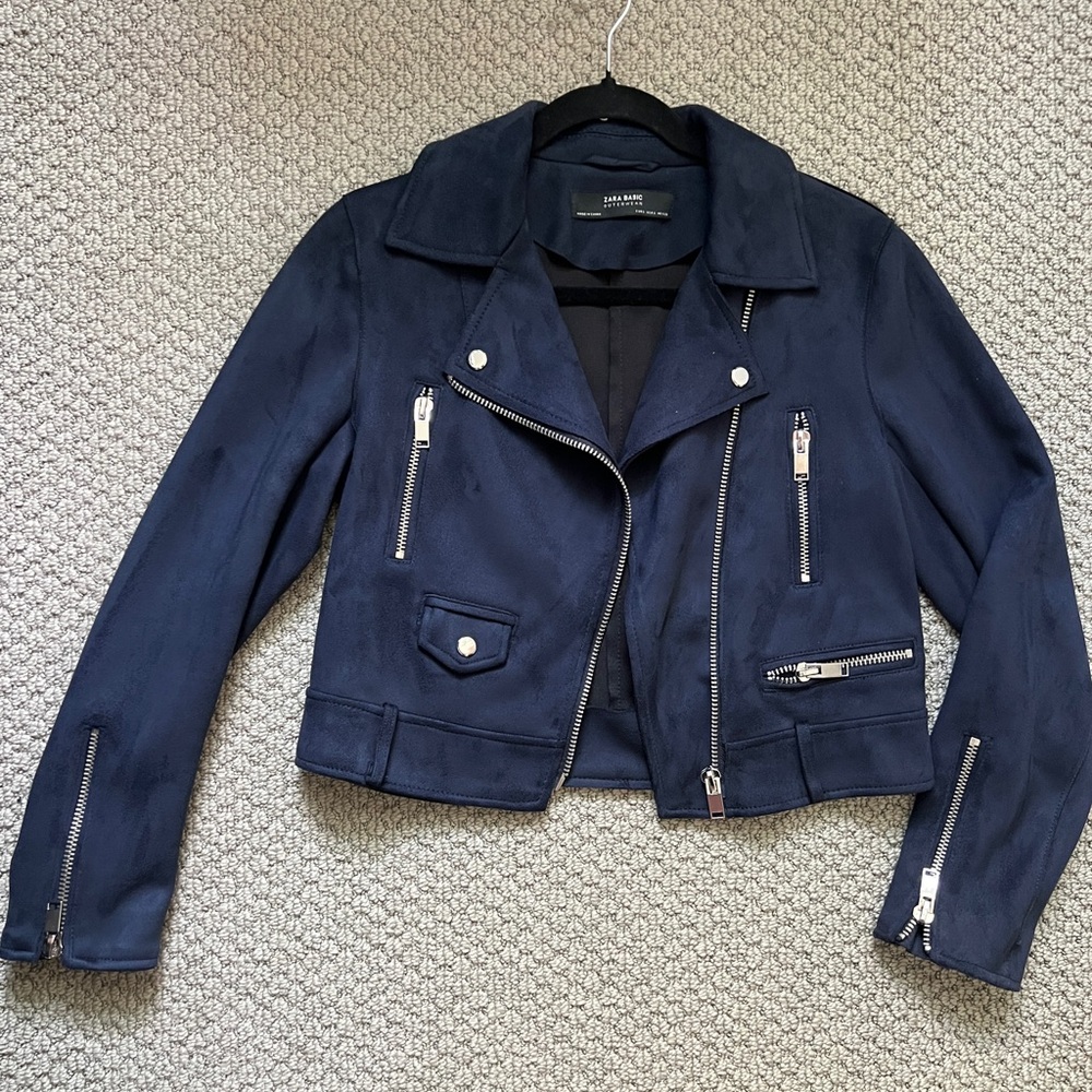 Zara Women’s Dark Blue Faux Suede Jacket with Detachable Belt